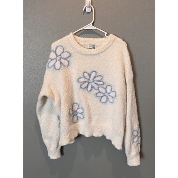 Major Label Group Sweater Women's XL White Blue Flower Preppy Fuzzy Shaggy - Picture 1 of 4